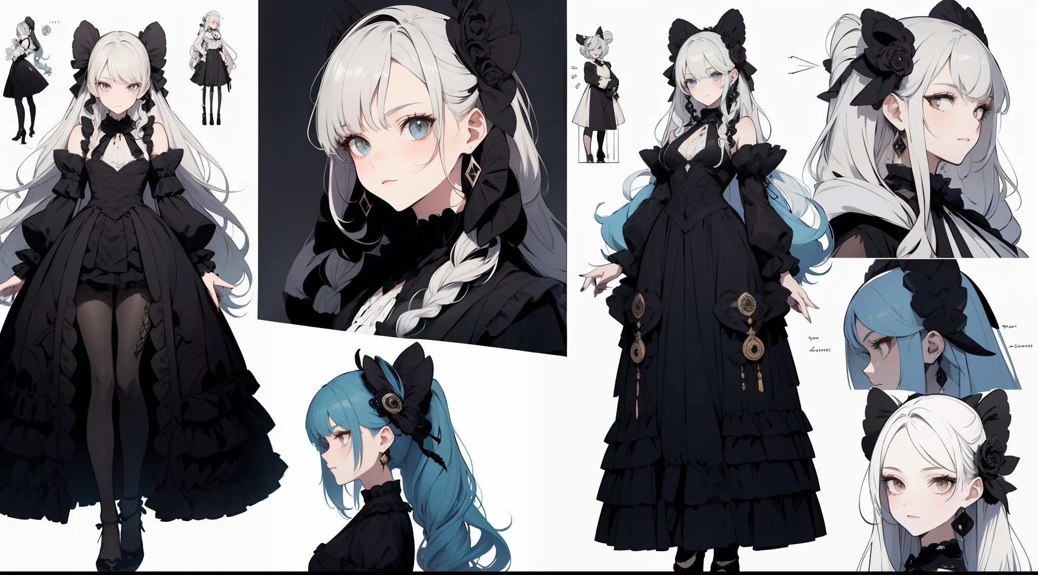 Three-view of roles，character  design，Character design，Three View，full bodyesbian，frontage，Lateral face，on  back，Set，Lolita prostitute，Very gorgeouaximalism，extreme hight detail，RococoStyle，Super long hair，Complex accessories，Complex hairstyles，Jewelled