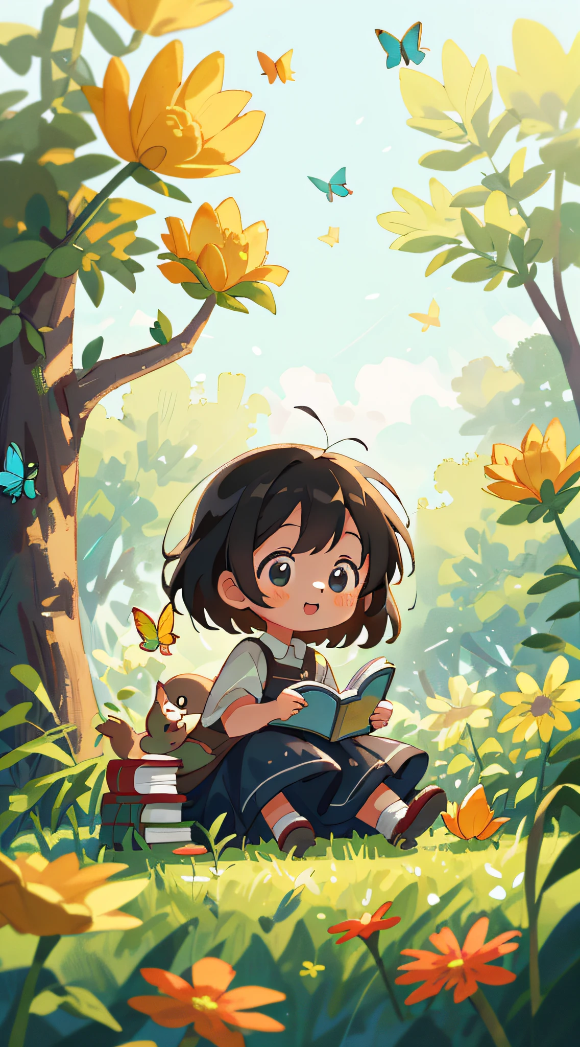 High Detail, Ultra Detail, 8K, Ultra High Resolution A cute and innocent girl, , toddler, enjoying her time in the open field, surrounded by the beauty of nature, warm sun sprinkling on her, wildflowers gently swaying in the breeze. Butterflies and birds flutter around her, adding to the playful atmosphere, surrounded by books