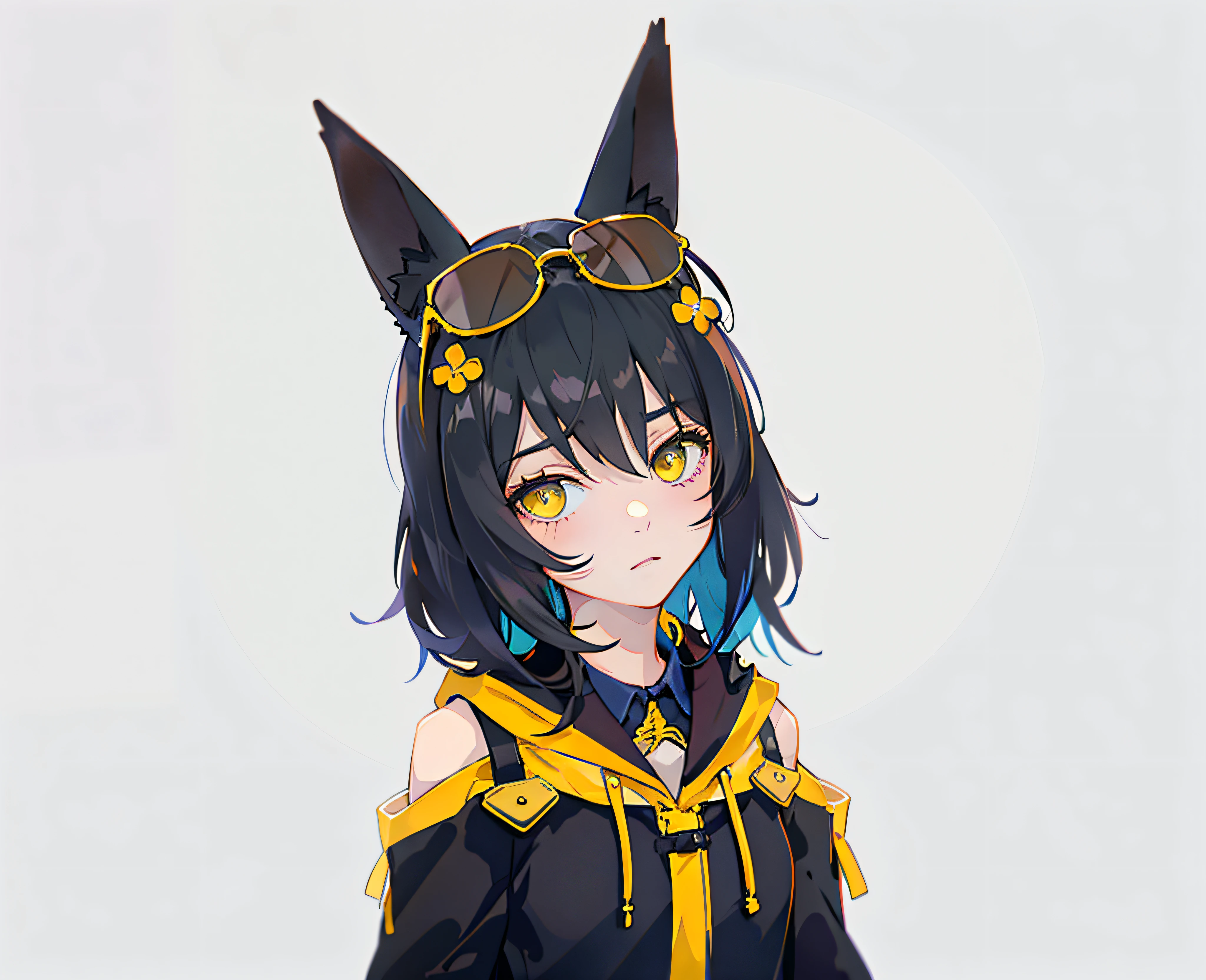 Anime-Mädchen mit schwarzen Haaren und gelben Augen，In Schwarz und Gelb gekleidet, Anime-Moe-Kunststil, Anime-Stil. 8K, Anime-Mädchen mit Katzenohren, vrchat, Charakter im Anime-Stil, Render eines süßen 3D-Anime-Mädchens, 3D im Anime-Stil, Stilisierter Anime, Anime-Stilisierung, süßes Anime-Katzenmädchen, erstellt mit Anime Painter Studio, Anime-Kunststil，Sonnenbrille im Haar，Ein hilfloser Ausdruck