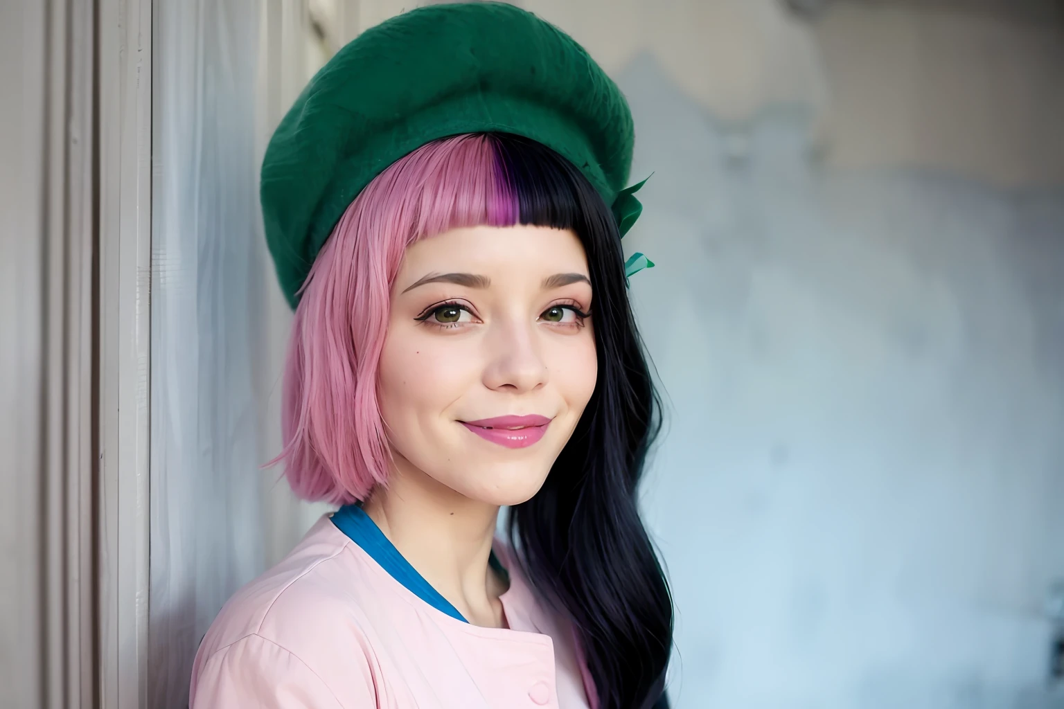 There is a woman with pink hair and a green hat - SeaArt AI