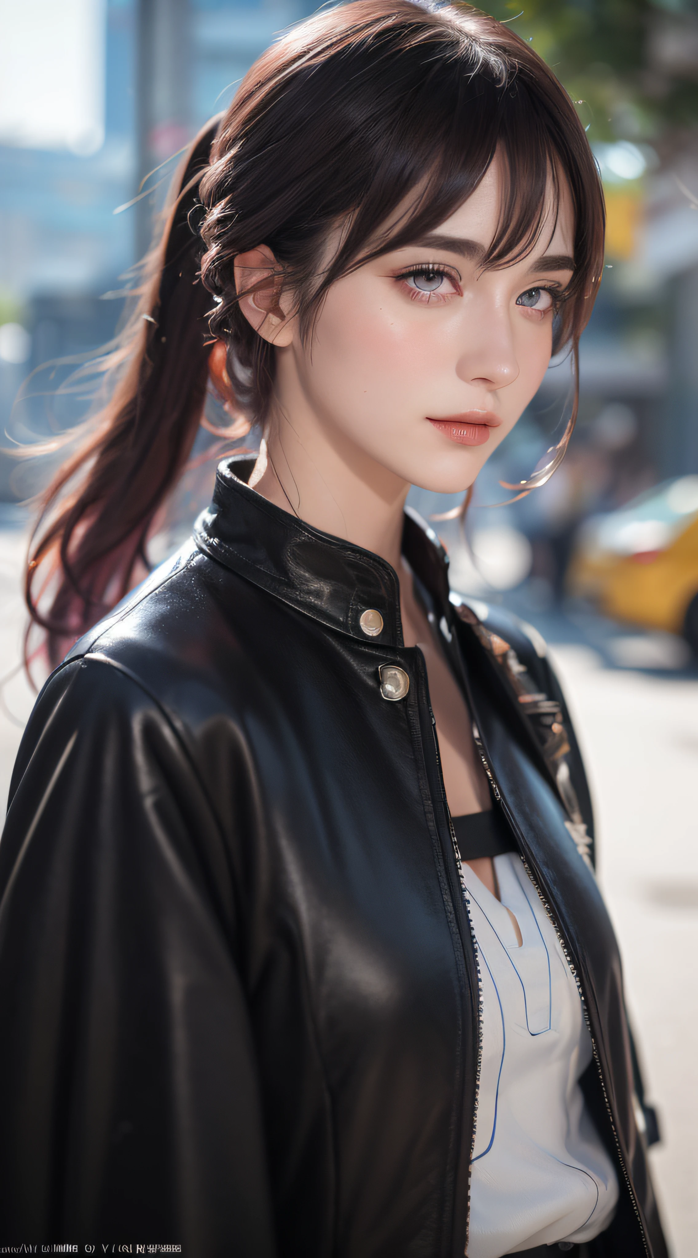 (photorealistic:1.4), raw photo, 1girl, purple eyes, purple hair, (eyewear on head), stellaron hunters outfit,  black jacket, jacket on shoulders, shirt, shorts, pantyhose, boots,deep shadow,  detailed face, detailed eyes, depth of field, bokeh, vibrant details, finely detailed, hyperrealistic, 35mm film, hazy blur,upper body,, masterpiece,ultra realistic,32k,extremely detailed CG unity 8k wallpaper, best quality