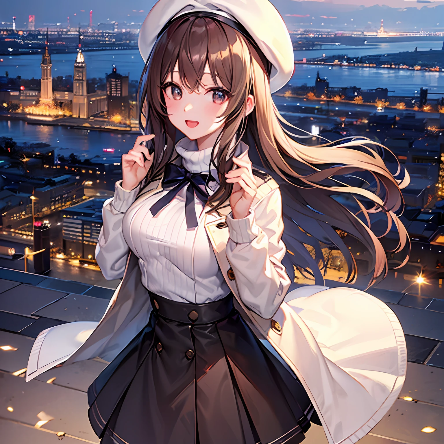 1girl in,  top-quality, Very delicate, Height 148cm, Bust 85cm, Waist 56cm, Hip 85cm, F-cup, 23years old, very baby face, brown-haired, Middle Long Hair,  White beret, Wearing a large borrowed military trench coat, White turtleneck sweater, Long pleated skirt, Yokohama cityscape at night, Looks cold, Blur the background a lot