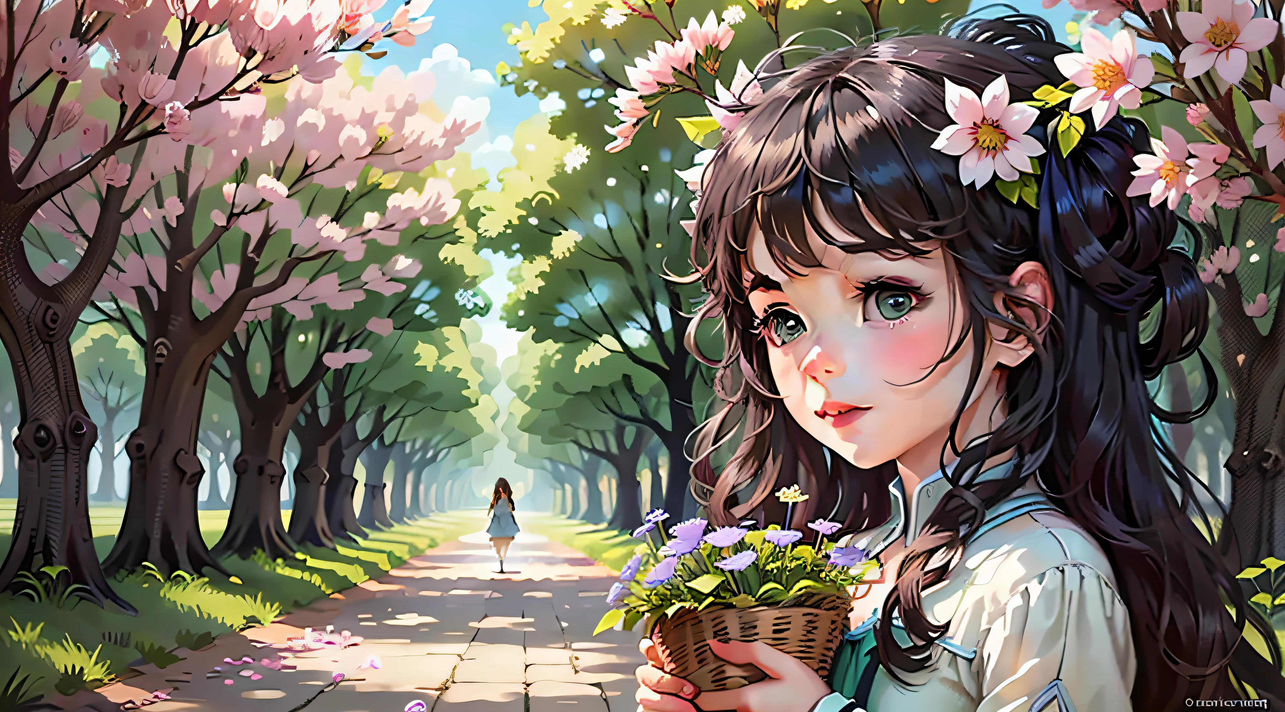 Tip: A very charming little girl with a basket of flowers, enjoying a lovely spring surrounded by beautiful green flowers and nature. The illustration is a high-definition illustration in 4K resolution with highly detailed facial features and cartoon-style visuals.