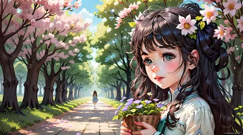 Tip: A very charming little girl with a basket of flowers, enjoying a lovely spring surrounded by beautiful green flowers and na...