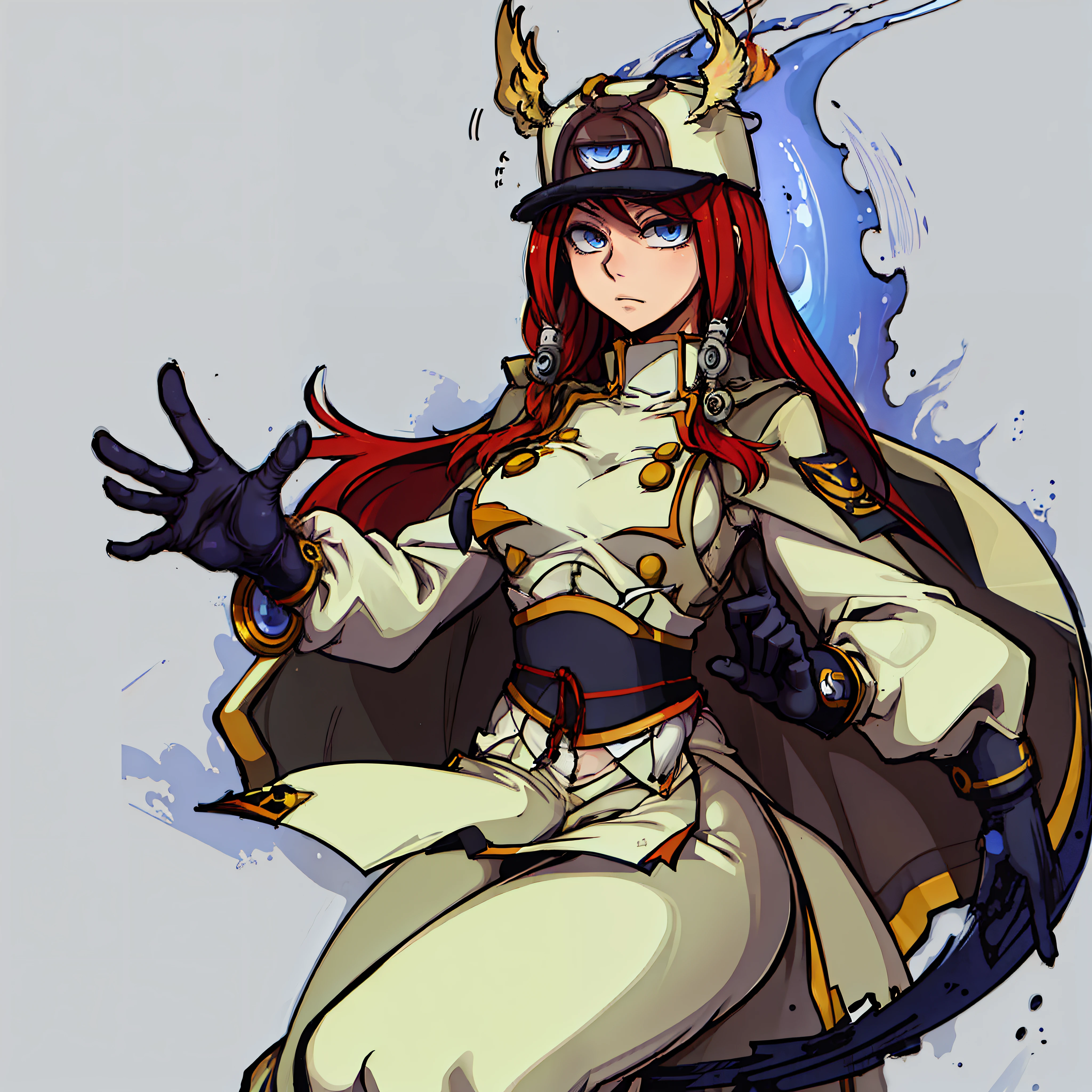 (((masterpiece, best quality, high resolution))),thick outline, 1girl, tsubakims, hair tubes, hat, gloves, uniform, cape, military uniform, head wings, blazblue, Tsubaki yayoi, heropic pose