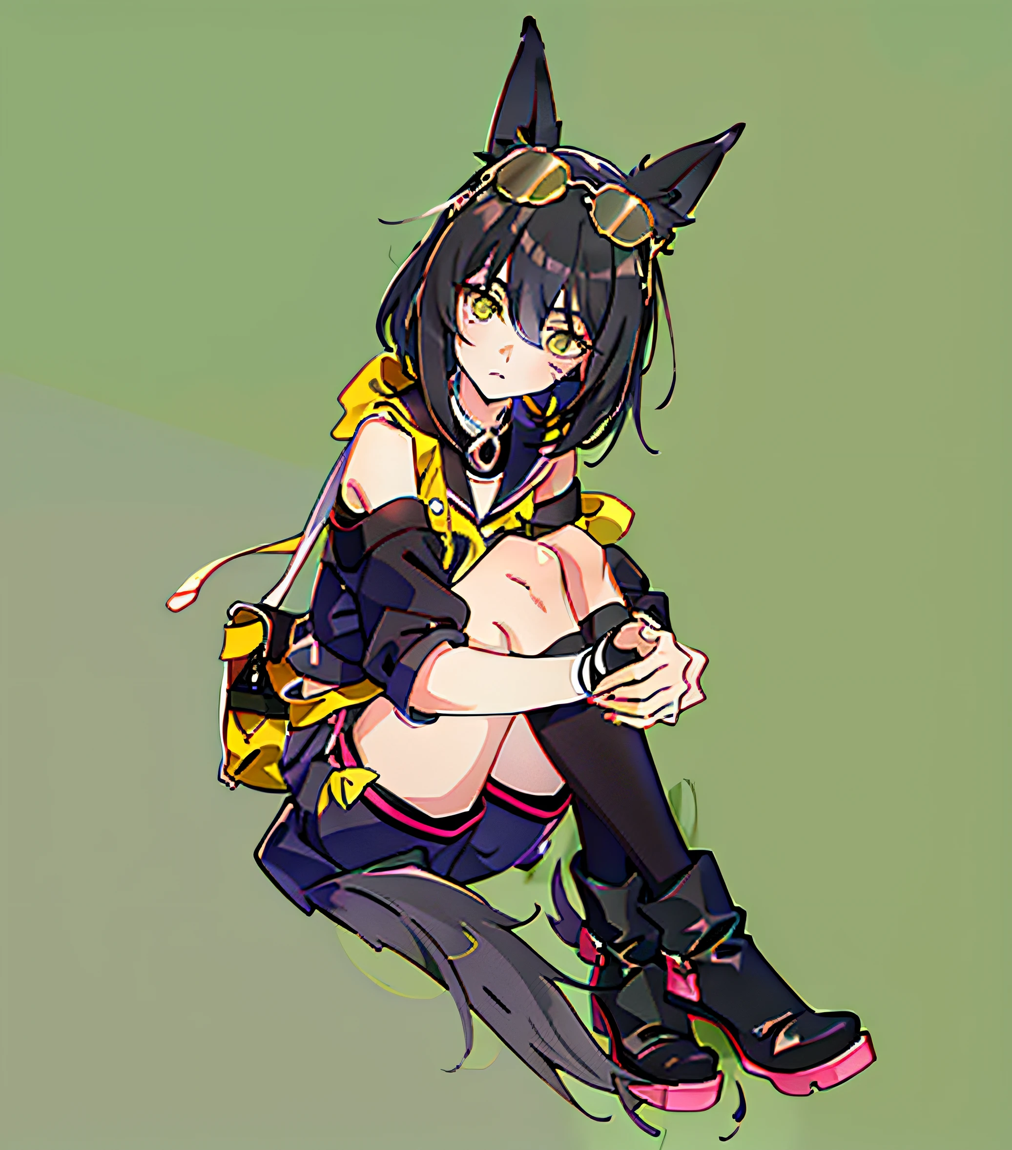 Anime girl with black hair and yellow eyes，Dressed in black and yellow, Anime moe art style, Anime style. 8K, anime girl with cat ears, vrchat, anime style character, render of a cute 3d anime girl, anime styled 3d, Stylized anime, Anime Stylization, Cute anime wolf girl, made with anime painter studio, Anime art style，Sunglasses in hair，Triangular metal hair ornament，Unpleasant expression，cropped shoulders，Stack socks，Martin boots，bag over the waist，Slightly more complex background