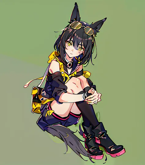 Anime girl with black hair and yellow eyes，Dressed in black and yellow, Anime moe art style, Anime style. 8K, anime girl with ca...