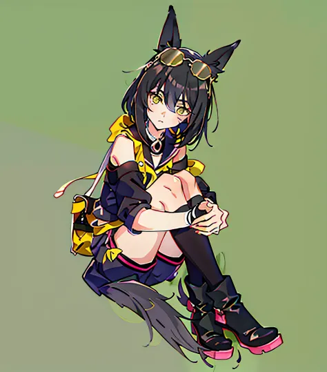 anime girl with black hair and yellow eyes，dressed in black and yellow, anime moe art style, anime style. 8k, anime girl with ca...