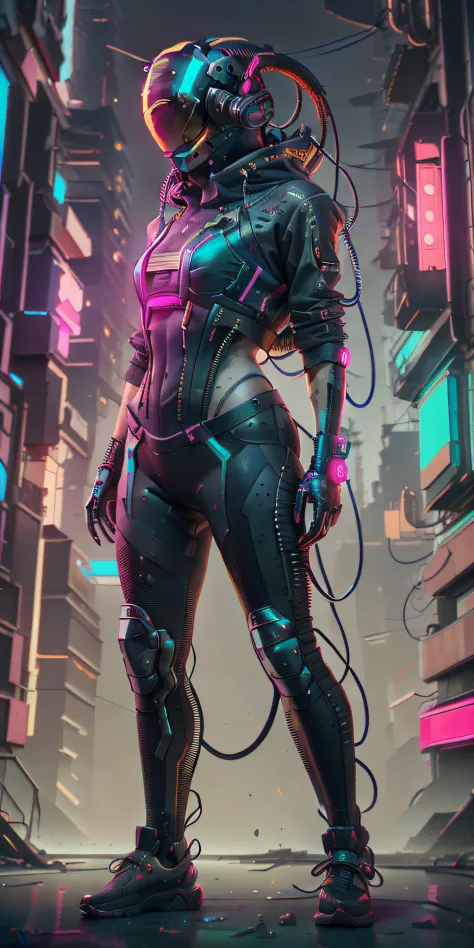 (masterpiece, full-body shot, intrincate raw photography)cyberpunk citizen in oversize techwear, using a black  astro daftpunk s...