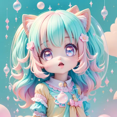 chibi looking up, leaning, bubbles around, kawaiitech, kawaii, cute, pastel colors, best quality, happy, reaching
