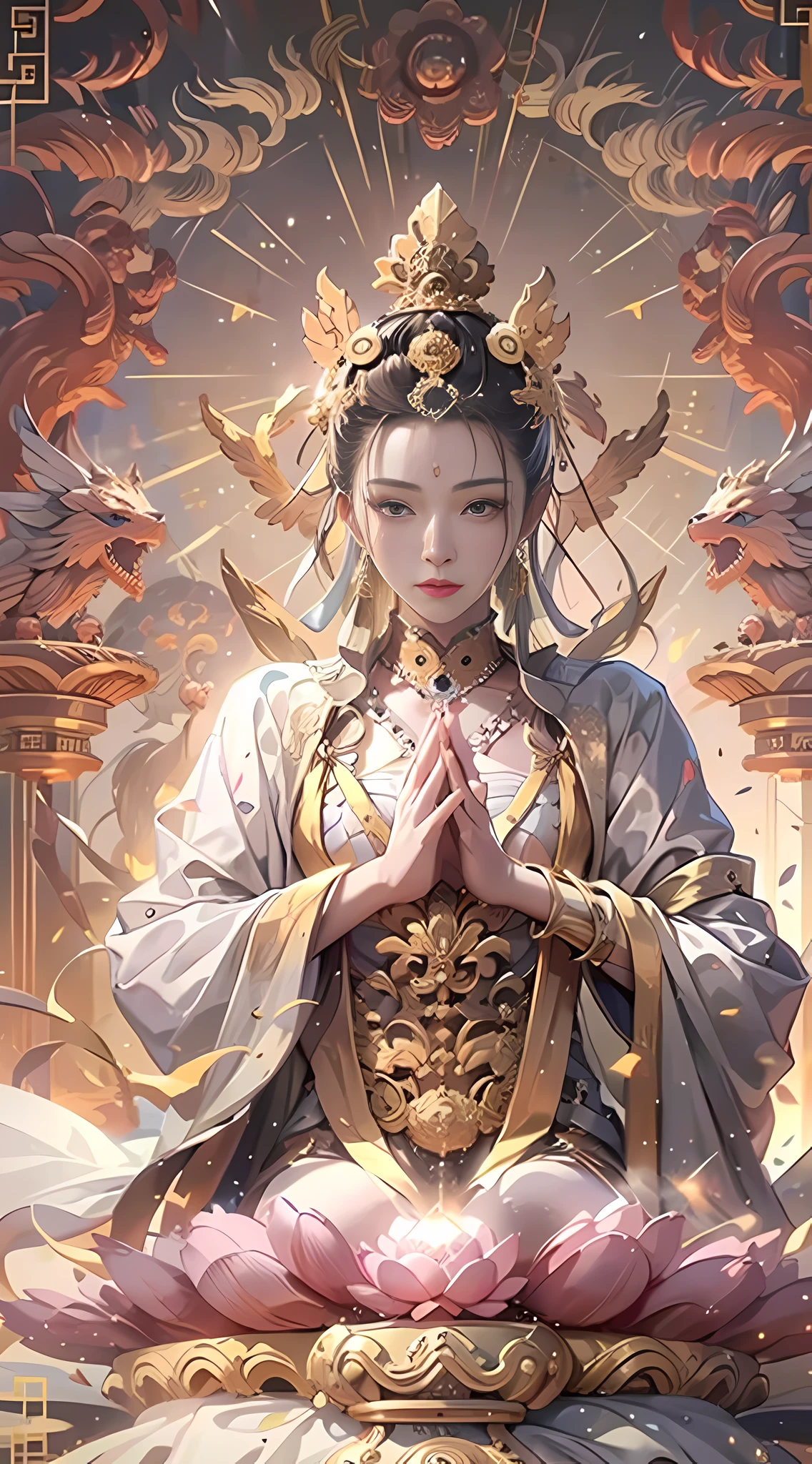（Chinese immortals）, （Buddhism）, multiple_Handythological stories）, （bodhisattva）, She sits on a lotus, （Six arms grew on her back, Each hand holds a different Buddhist vessel, left right symmetry），（Delicate and beautiful face）, （White silk robe）sitting on a lotus flower, Frontal photo，Light smile, neo-classical, OP Art, Chiaroscuro, Cinematic lighting, god light, Ray tracing, character sheets, projected inset, first person perspective, hyper HD, Masterpiece, ccurate, Textured skin, Super detail, High details, High quality, Award-Awarded, Best quality, A high resolution, 8K