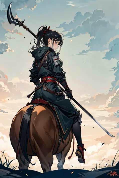 (best quality),  detailed background, oriental nobless,warrior girl,combat arts,holding halberd,oni, techwear,riding horse ,mechanical arms,
