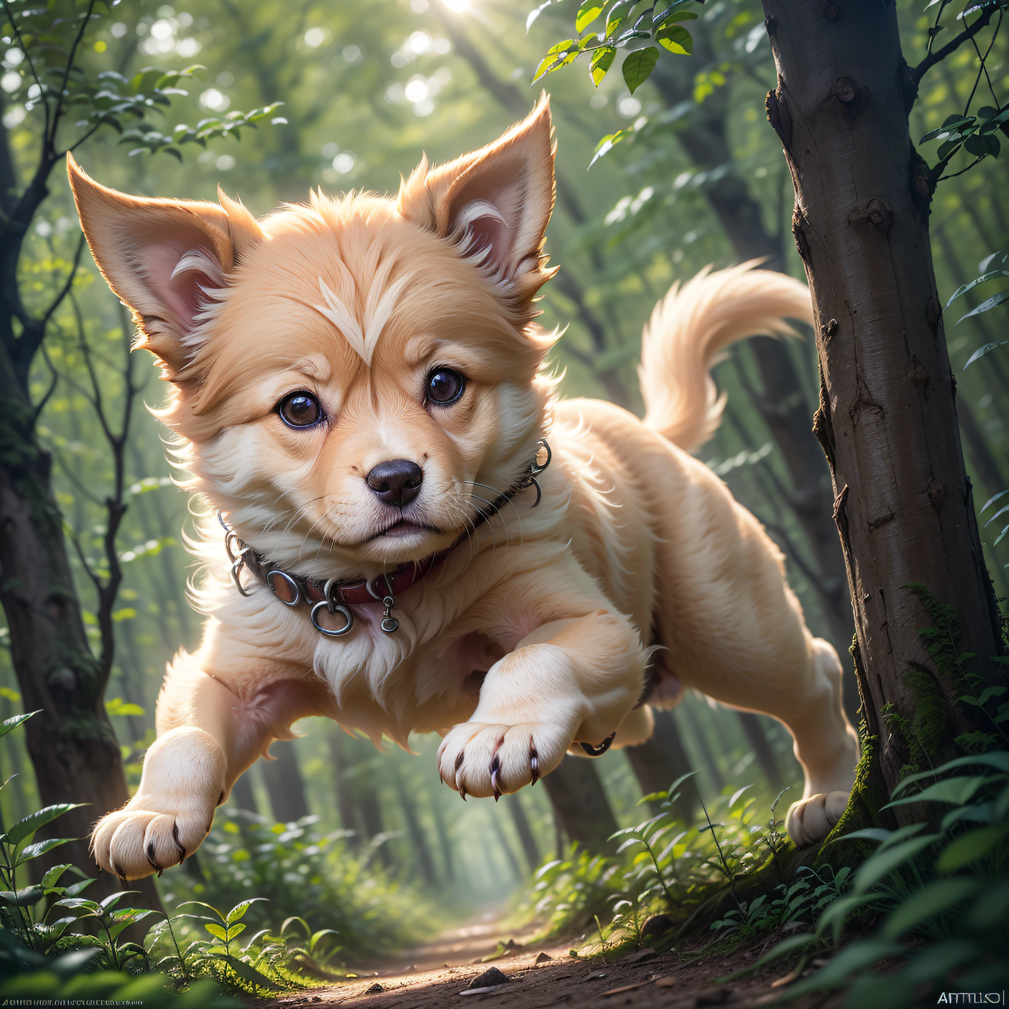 숲 속에서 아주 귀여운 점프하는 강아지의 사진을 클로즈업하세요, 부드러운 체적 조명, (백라이트:1.3), (시네마틱:1.2), 복잡한 세부 사항, (아트스테이션:1.3), 루트코프스키