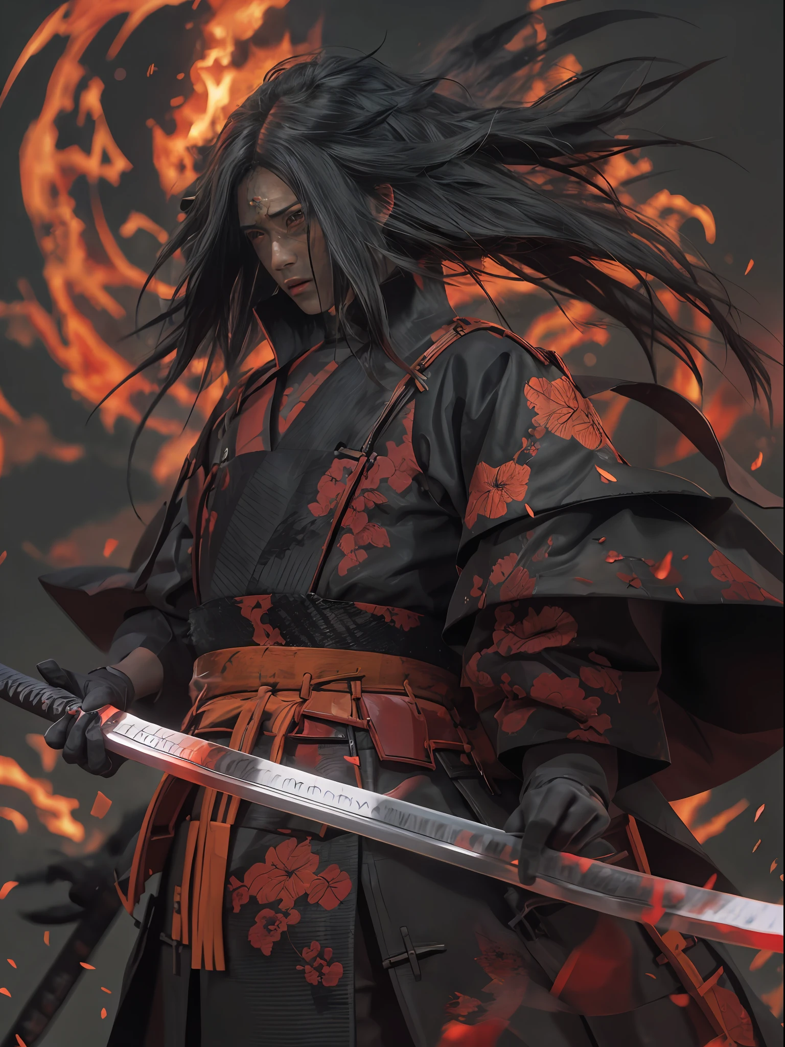 uchiha madara+pelo largo+pelo sobre un ojo+ropa japonesa+guantes negros+maximalismo intrincado+(((fuego de guerra)))+(((samurai)))+sol rojo+(((retrato)))+renderizado de octanaje+katana