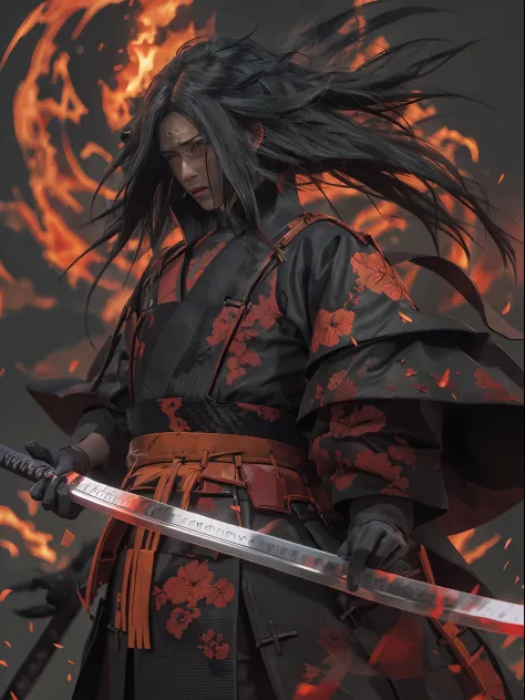 uchiha madara+long hair+hair over one eye+japanese clothes+black gloves+intricate maximalism+(((fire of war)))+(((samurai)))+red...