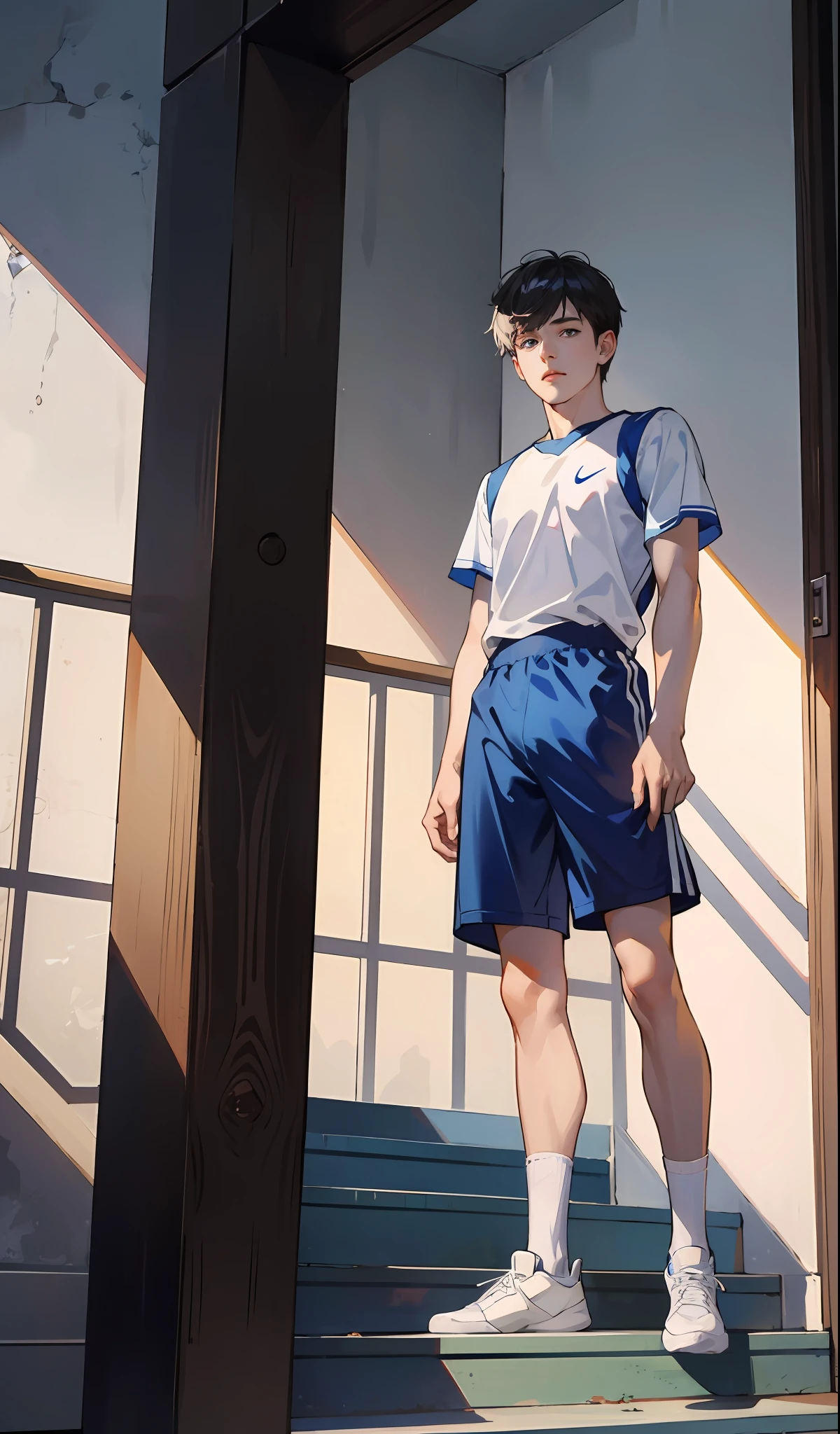 （hoang lap，A high resolution，Hyper-detailing），（（tmasterpiece）），（（best qualtiy：1.1）），A high resolution，8K，1boy，（Crotch bulge：1.1），shaded face，（White Nike basketball socks：1.1），（White ribbed socks：1.2），Socks are not present，Invisible socks，Toes under socks，shorter pants，Seamless socks，（puffynipple，（from below：1.1），
 eBlue eyes， looking at viewert， short detailed hair， Facial， athlete，
Stand on the steps of the school stairs，style of anime，inside in room，allure