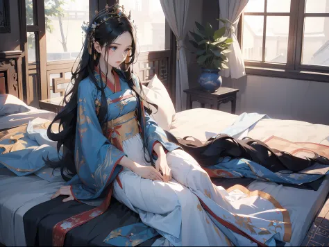 The residence of the princess，1.The girl sat on the edge of the bed crying，1 Long black hair，Phoenix crown，elaborate Hanfu，Blue ...