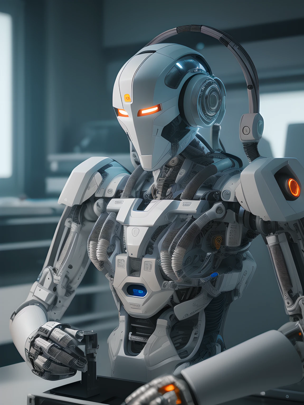 Intelligent bionic robot, male people, cyborg robot parts, The main body is fixed on the workbench for maintenance,  Many cables and wires are attached behind the body, micro Chip, Bright Studio, hyper photorealism, Highly detailed, Intricate details, softlighting, rim-light, rendering by octane, unreal engine 5 render, Mechanical public enemy style, 8K, Best quality, Masterpiece, Low ISO, White balance，high key lighting，Creates a soft and ethereal feel, with a shallow depth of field