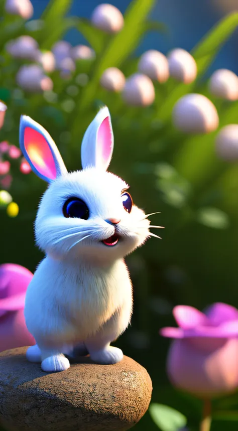 The cute little bunny waved and smiled in greeting me，unreal-engine，Ultra-detailed CG art，Cute little bunny surrounded by ethere...