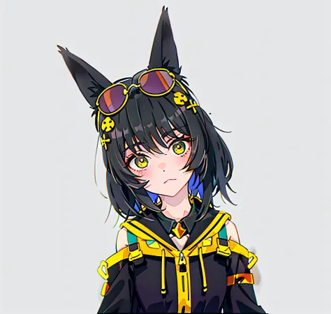 Anime girl with black hair and yellow eyes，Dressed in black and yellow, Anime moe art style, Anime style. 8K, Anime girl with wo...