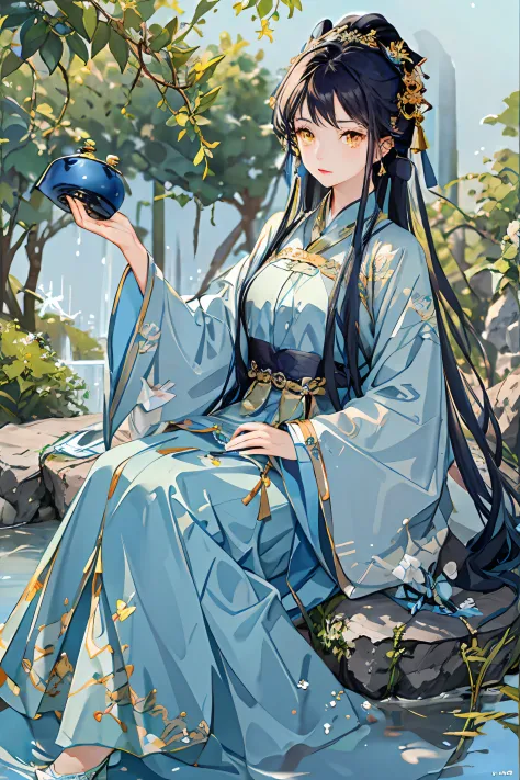 Best quality at best，Complicated details，A high resolution，（beautiful detailed  water：1.4），（Hanfu，Tang Feng），yellow eyes，（Girl in a glass jar：1.1），Blue hair