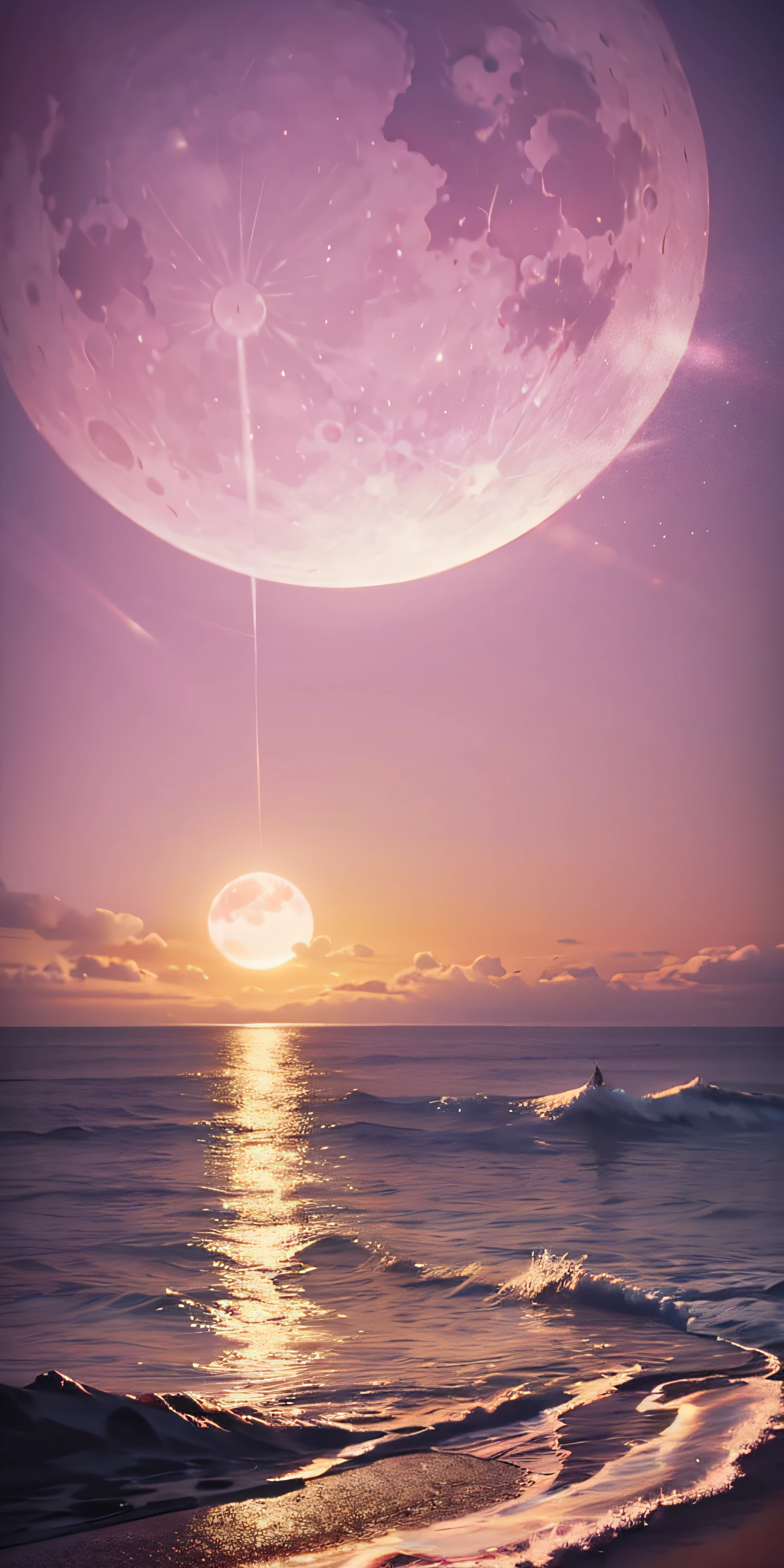 Pink moon, pink sky, pastel pink clouds, pink waves sparkling, sparkling, pink roses on pink ocean, fantasy, soft lighting, ultra hd, realism, cinematic effects, lens flare, aperture 16