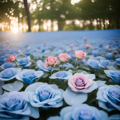 Many tall blue roses covered with transparent snow and pink roses snow blue roses in Chinese fairy tale outdoor romantic wedding stage garden landscape，the sunset，Yellow sunlight, red clear snow blue roses，peacful，big breasts beautiful，Soft moonlight，paste...