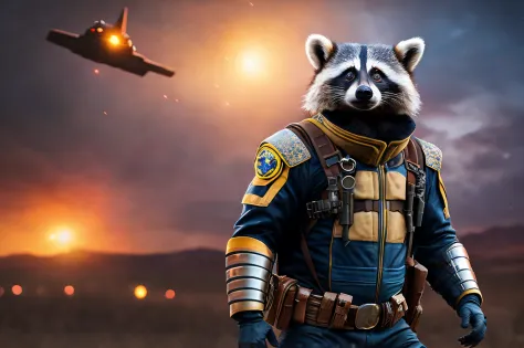 a male racoon wearing the battle suit with the weapons, cowboy shot, Galaxy, spaceship background, (realisitic, realisitic Background, high Resolution, Distinct images:1.2), (Very complex, detailed light, detailed shadow:1.1), (F4, 1/800s, ISO 100, raw)
