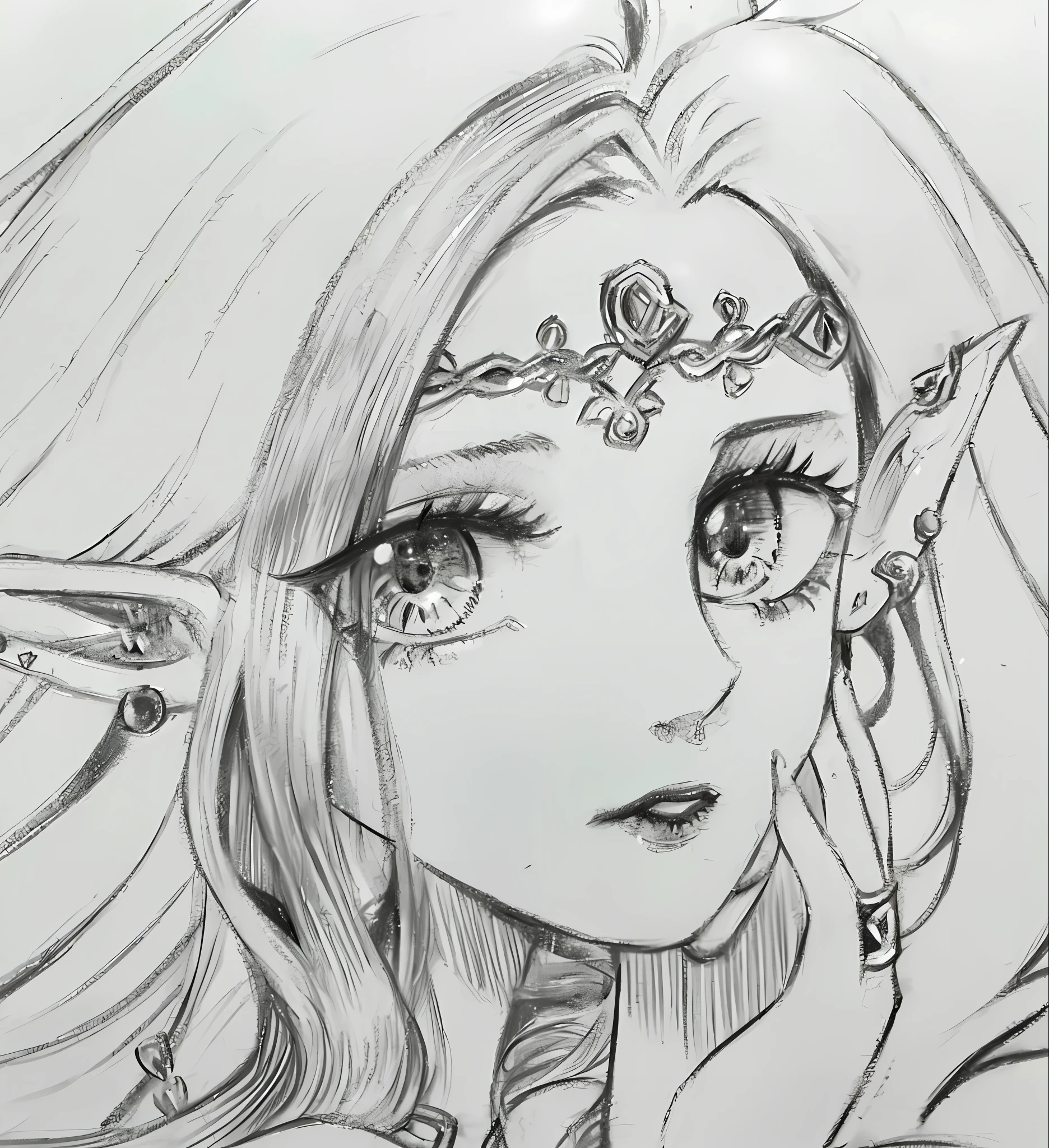 Add color to the sketch art，portrait of princess zelda, Elf Princess, portrait of an elf queen, portrait of an elf, Elf Girl, fantasy painting of, An elf queen, detailed 4 k drawing, Anime Paintings, portrait of zelda, hyper detailed manga drawing, Detailed anime face, portrait of an elf, elven princess