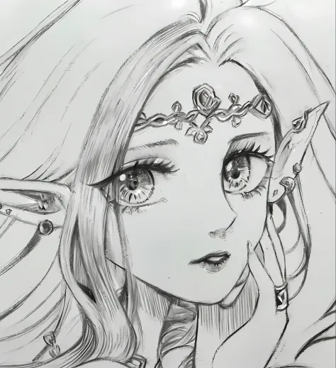 Add color to the sketch art，portrait of princess zelda, Elf Princess, portrait of an elf queen, portrait of an elf, Elf Girl, fa...