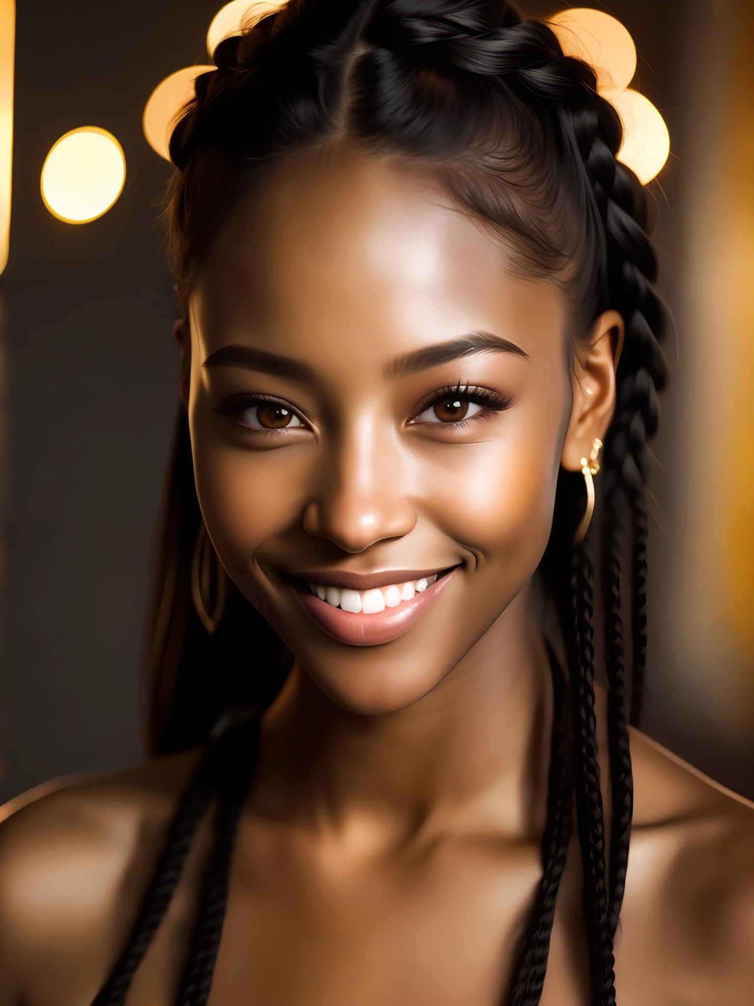 Night scene, Close-up of a sexy naked black girl, posing, looks into the camera and smiles, black braids , (brown eyes: 0,8), Cute young face, 18yo, soft volumetric lights, (Contre-Jour: 1,3), ( filmic:1.3), Intricate detailing, (artstation:1.2)