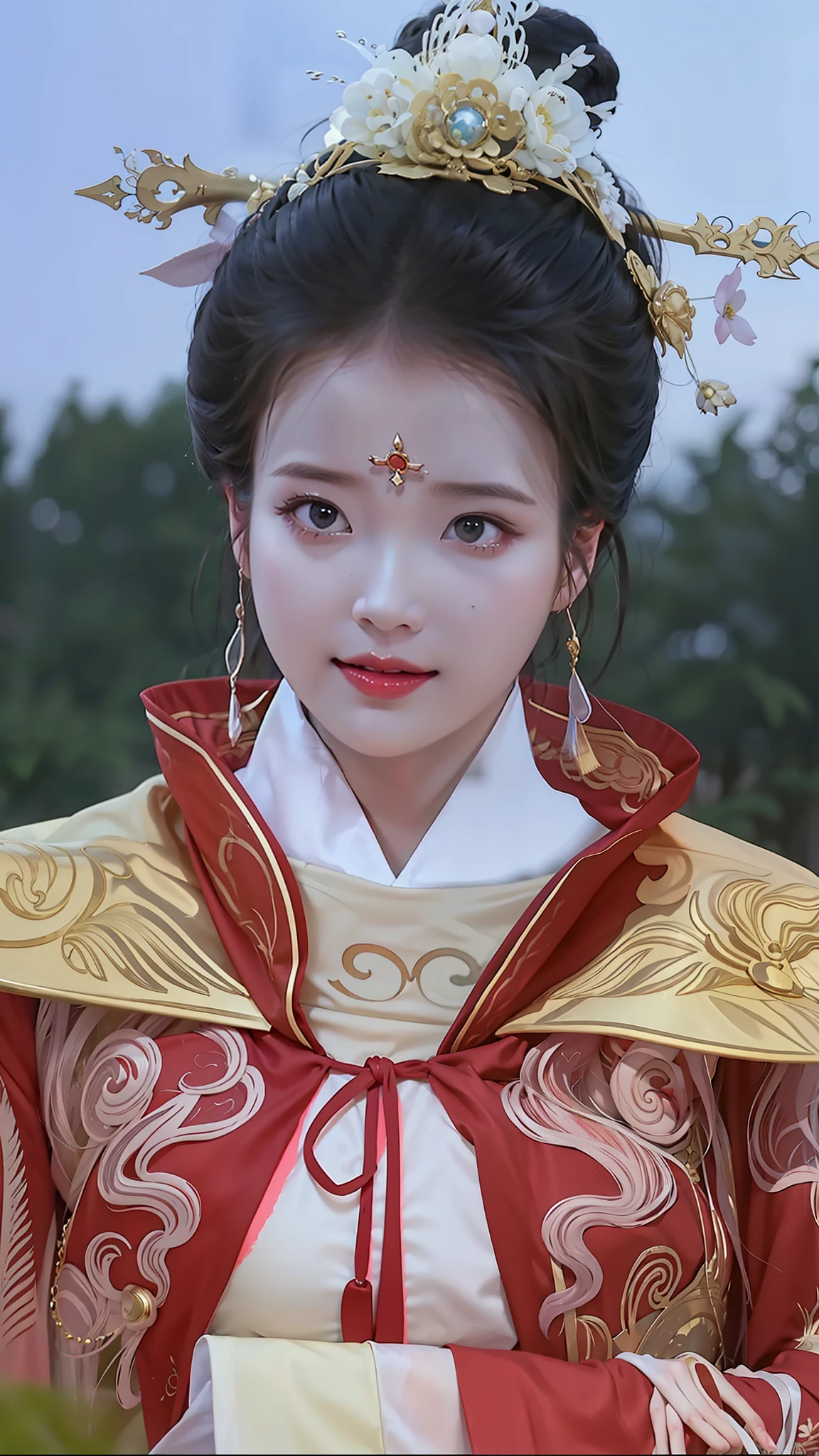 빨간색과 금색 드레스를 입은 여성의 클로즈업, 고대 중국 공주, 궁전 ， 한푸의 소녀, 중국 공주, 당나라의 아름다운 표현, 리메이슈에게 영감을 받아, 아름다운 환상의 황후, 고대 중국의 미인, 고대 아시아 왕조의 공주, 란잉에게서 영감을 받은 작품, 중국 황후, Zhao Yuan에게서 영감을 받은 작품, Qiu Ying에게 영감을 받아