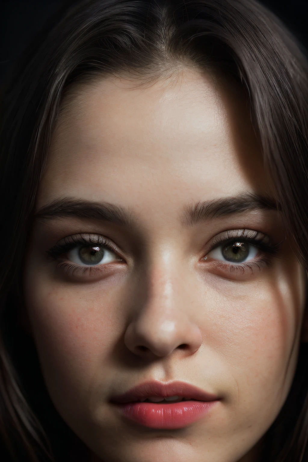 (close-up, editorial photograph of a 21 year old woman), (highly detailed face:1.4) (smile:0.7) (background inside dark, moody, private study:1.3) POV, by lee jeffries, nikon d850, film stock photograph ,4 kodak portra 400 ,camera f1.6 lens ,rich colors ,hyper realistic ,lifelike texture, dramatic lighting , cinestill 800,