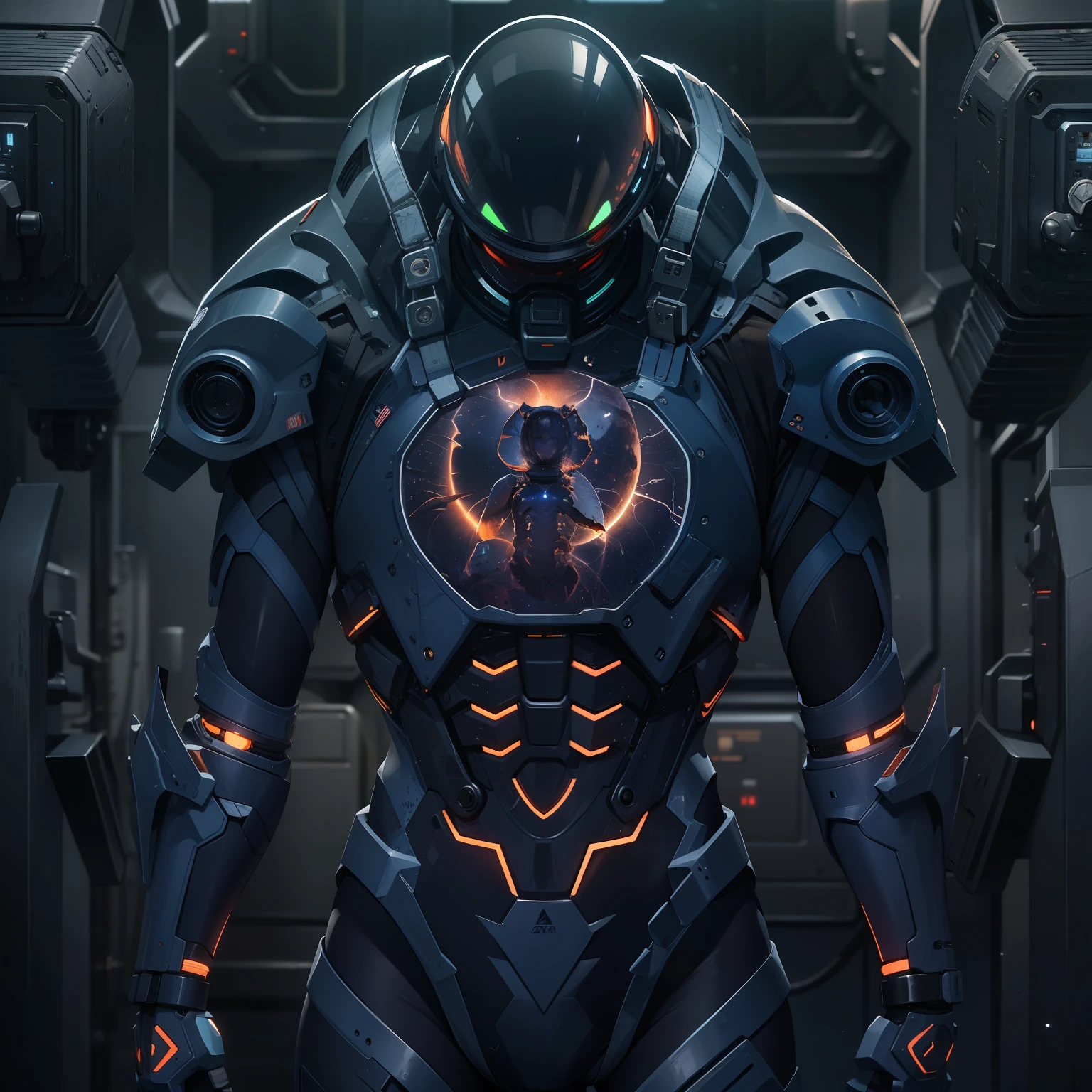 Navy space suit in dark colors that has the ribs of a living being with glowing veins across the surface. The eva on its back a of carapace, technology, and electronics,（tmasterpiece），（high qulity）， best qualtiy， Realiy， （Realistis）， ultra-detailliert， （fulldetail）， （4k），8k，