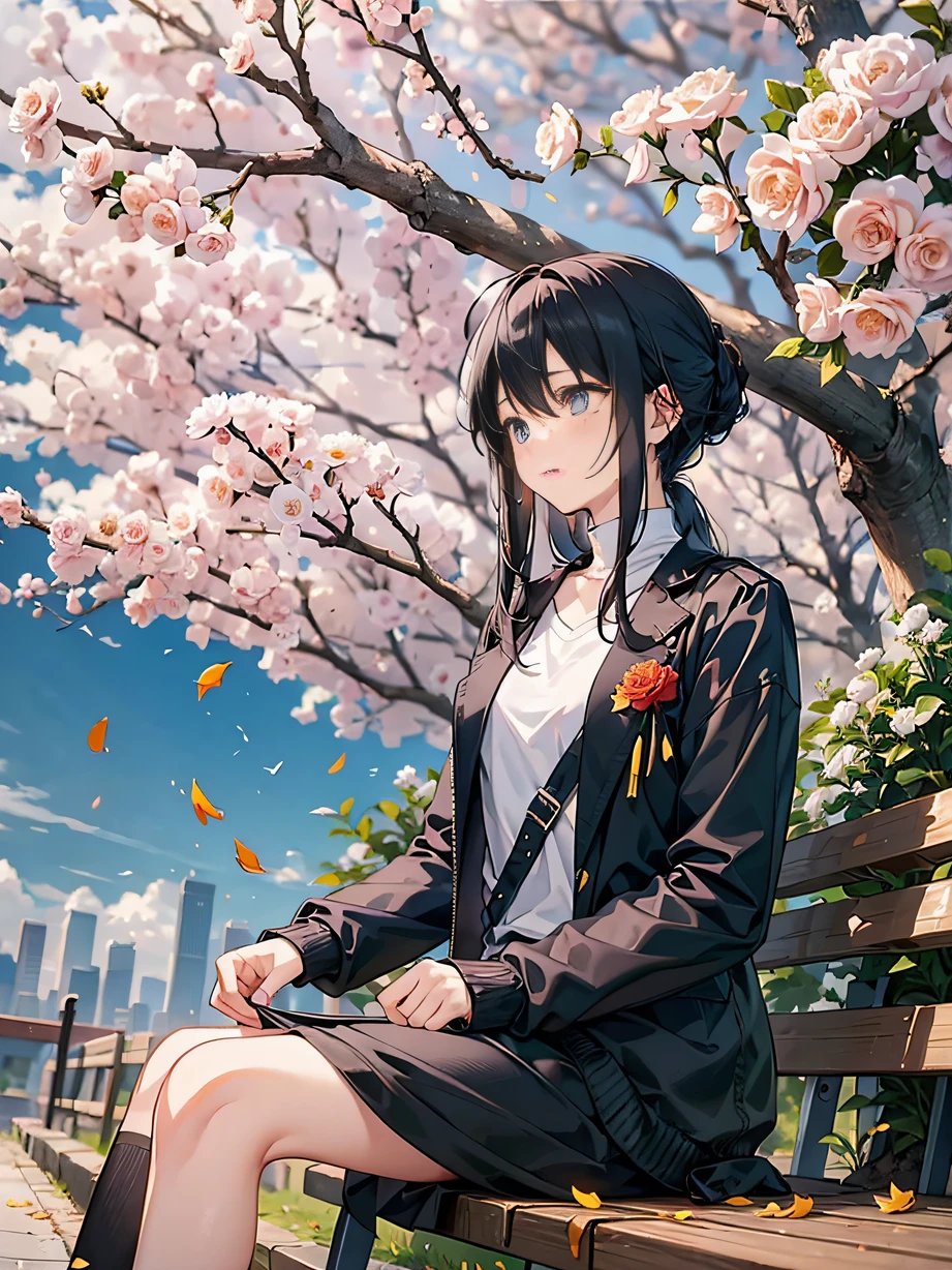 ，Masterpiece, Best quality，8K, Ultra-high resolution，The protagonist sits on a quiet park bench，A few  white carnations bloomed beside him。Between the petals are faint tears，As if blurring the beauty of the carnation。The autumn leaves in the park fall quietly，Echoes the mood of the protagonist。