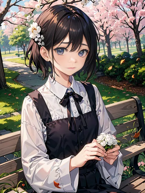 ，Masterpiece, Best quality，8K, 超高分辨率，The protagonist sits on a quiet park bench，A few lonely white carnations bloomed beside him。Between the petals are faint tears，As if blurring the beauty of the carnation。The autumn leaves in the park fall quietly，Echoes...