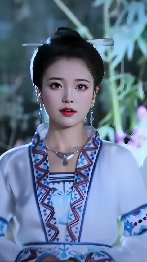 a close up of a woman wearing a white dress and a necklace, Traditional beauty, ruan jia beautiful!, Palace ， A girl in Hanfu, a...