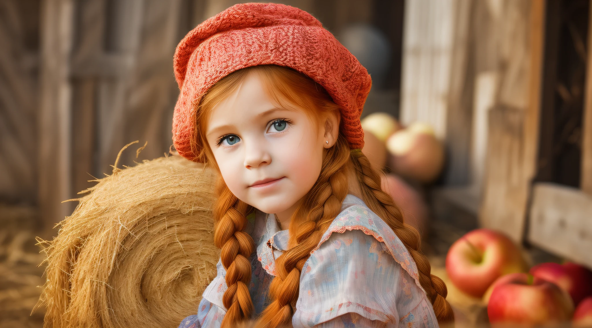 à la russe, enfants fille, portrait, longs cheveux rouges de tresses avec chapeau, style fermier, avec des rouleaux de foin et de blé et un cheval, granges, pommes.