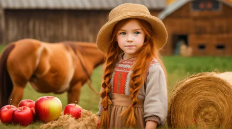 Russian style, children girl, portrait, long red hair of braids with hat, farmer style, with rolls of hay and wheat and horse, b...
