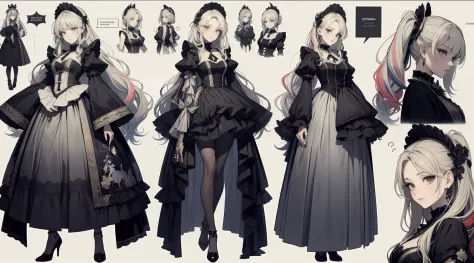 Three-view of roles，character  design，Character design，Three View，full bodyesbian，frontage，Lateral face，on  back，Set，Lolita prostitute，Very gorgeous，Maximalism，extreme hight detail，RococoStyle，Super long hair，Complex accessories，Complex hairstyles，Jewelled