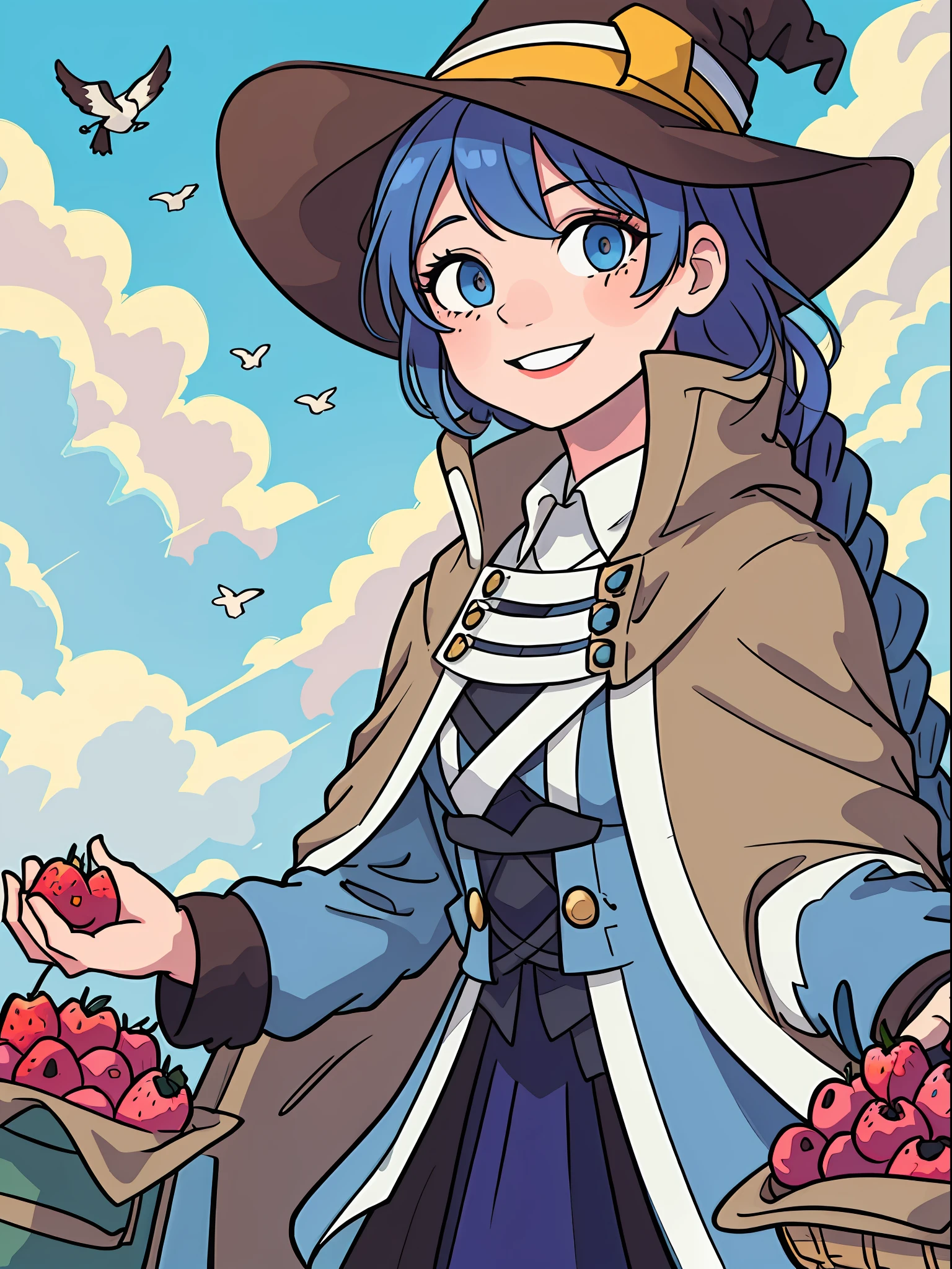 best quality, (masterpiece:1.2), illustration, absurdres, (1girl, solo), (beautiful detailed girl),Vibrant colour of sky, clouds, day, fruits and berries,looking at viewer, smile, (upper body, portrait),  (roxy migurdia), blue eyes, blue hair, bangs, brown cape, witch hat, braid, short