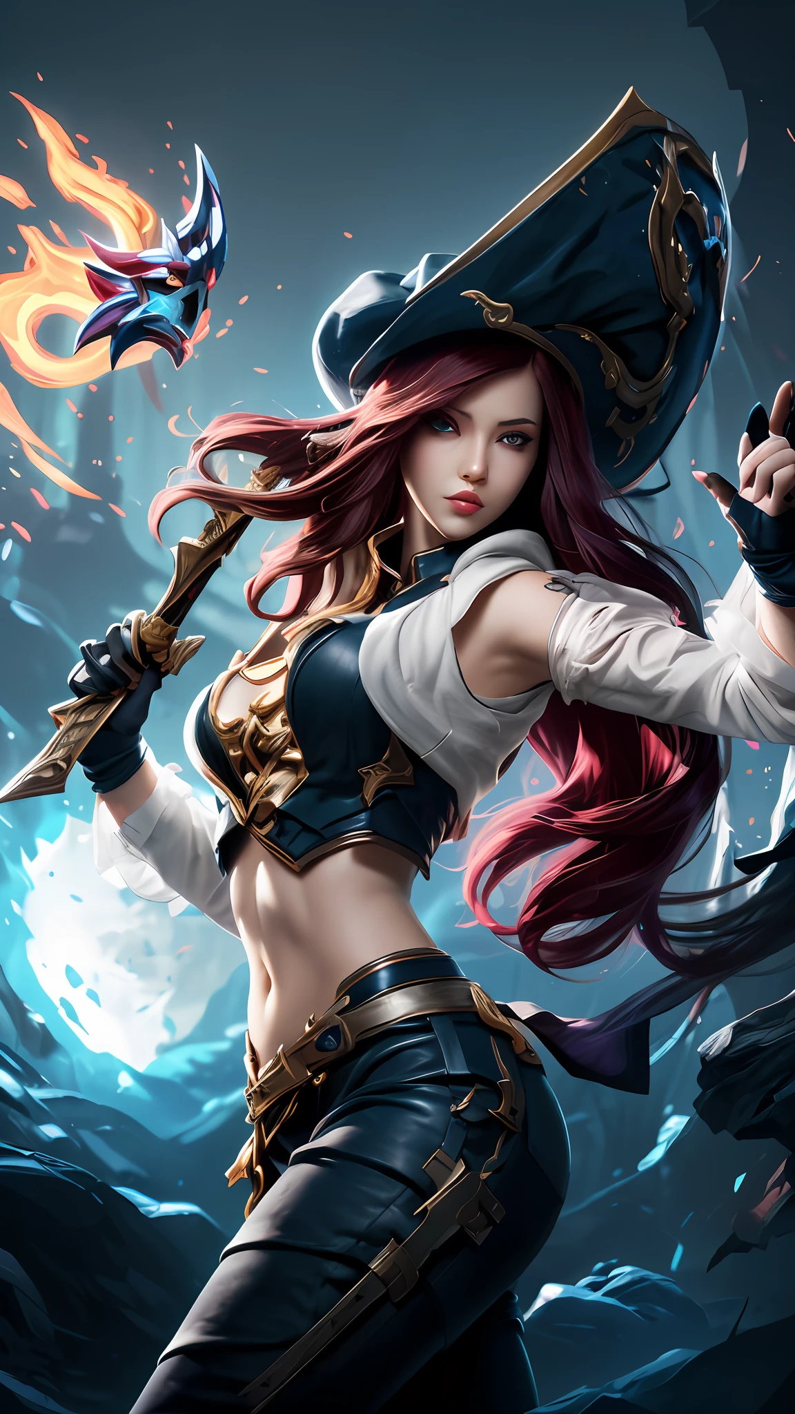 Close-up of a woman holding a sword and a hat, miss fortune league of legends, miss fortune, Katarina, League of Legends character, style league of legends, katarina from league of legends, league of legends art, league of legends character art, league of legends splashart, league of legends style art, league of legends splashart, Style Artgerm