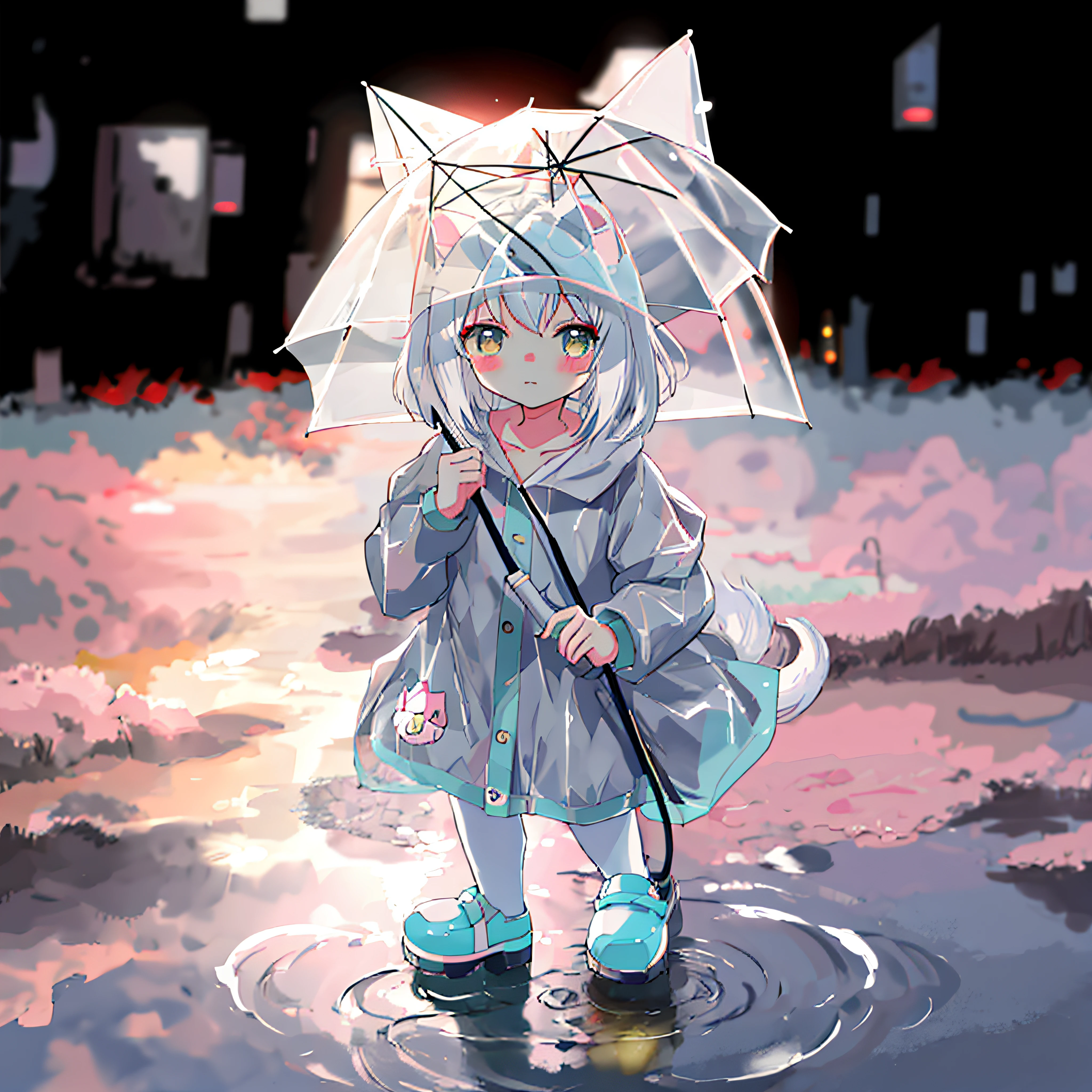 站在水坑里的动漫女孩，穿着雨衣，拿着伞, 可爱的动漫猫女, 可爱的艺术风格, 可爱的!! 奇比!!! 猫女, 古维兹-style artwork, 可爱的 detailed digital art, 白猫女孩, 可爱的 anime, 高级数字赤壁艺术, 可爱的数字艺术, 美丽的动漫猫女, 可爱的 anime style, 可爱的艺术品, 古维兹