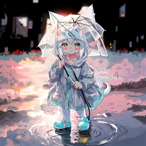 Anime girl standing in a puddle，Wearing a raincoat and holding an umbrella, cute anime catgirl, lovely art style, Cute!! tchibi!...