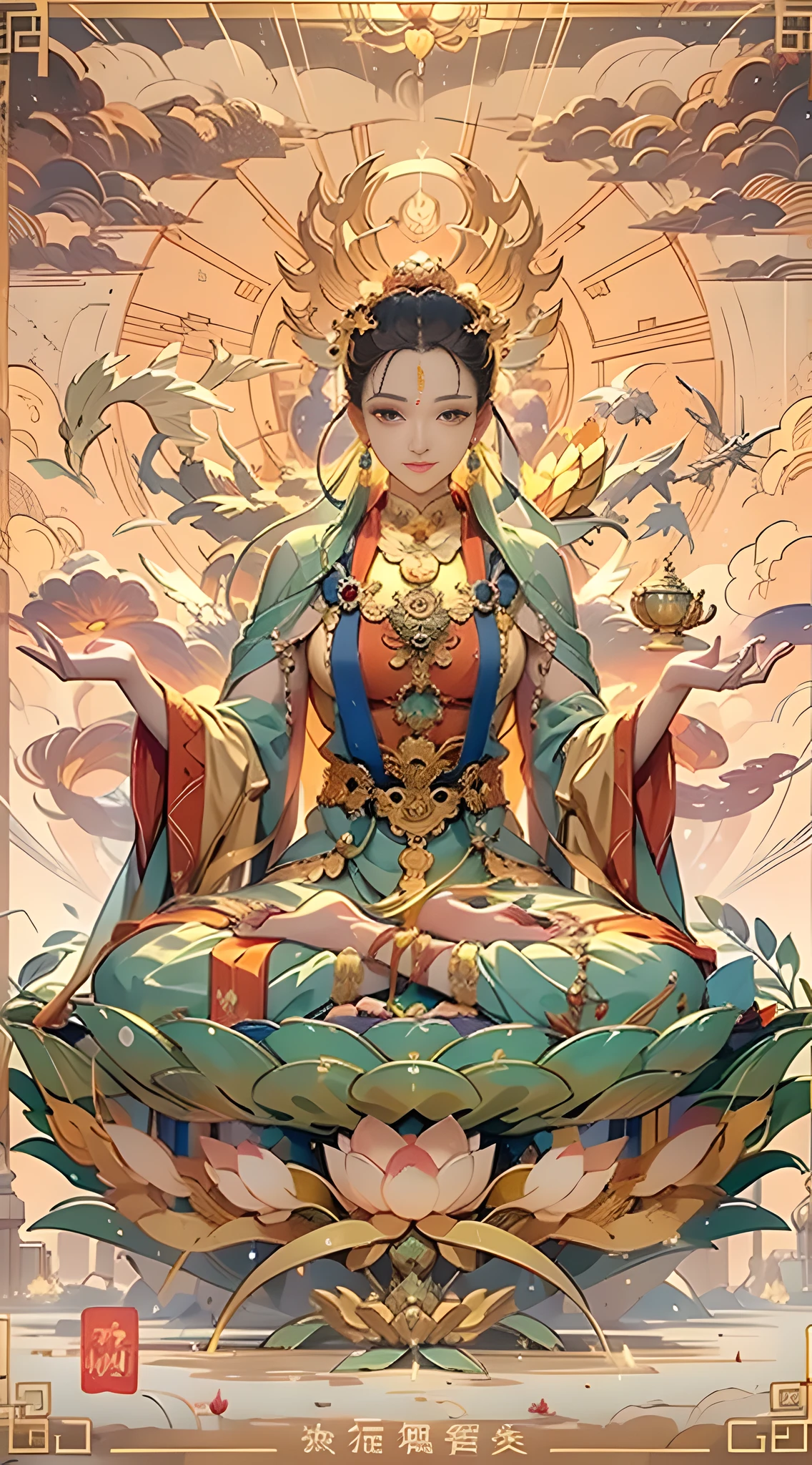 （Chinesische Unsterbliche）, （Buddhismus）, Multip_Handythologische Geschichten）, （bodhisattva）, Sie sitzt auf einem Lotus, （Drei Hände auf der linken Seite，Drei Hände auf der rechten Seite, Jede Hand hält ein anderes buddhistisches Gefäß, links rechts Symmetrie），（zartes und schönes Gesicht）, （Weiße Seidenrobe）auf einer Lotusblume sitzen, Frontalfoto，leichtes Lächeln, neoklassisch, auf Kunst, Chiaroscuro, Filmische Beleuchtung, Gott Licht, Raytracing, Charakterbögen, projizierter Einschub, Ich-Perspektive, hyper HD, Meisterwerk, genau, strukturierte Haut, super detail, hohe Details, gute Qualität, Preisgekrönt, beste Qualität, Eine hohe Auflösung, 8K