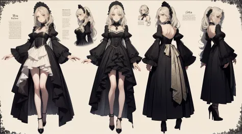 Three-view of roles，character  design，Character design，Three View，full bodyesbian，frontage，Lateral face，on  back，Set，Lolita pros...