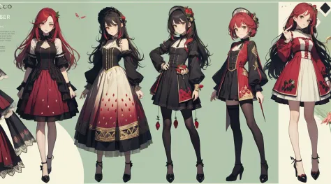 Three-view of roles，character  design，Character design，Three View，full bodyesbian，frontage，Lateral face，on  back，Set，Lolita pros...