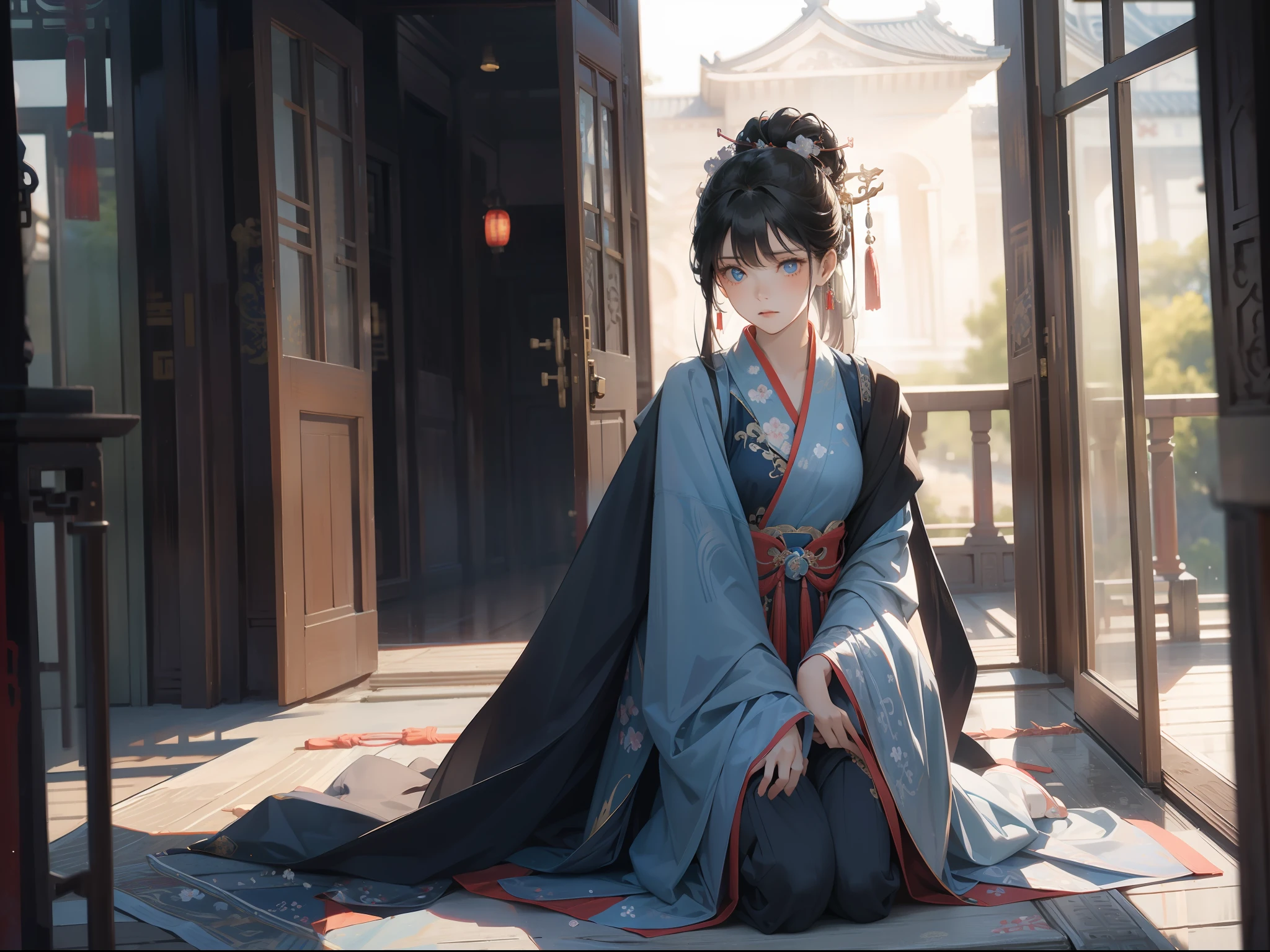 ultraclear，tmasterpiece，Outside the Chinese Imperial Palace，1girll，blue color eyes，expression sad，，Kneel in the doorway，cabelos preto e longos，Lilac Hanfu，Sideways angle，the night，Moonshine on the body，