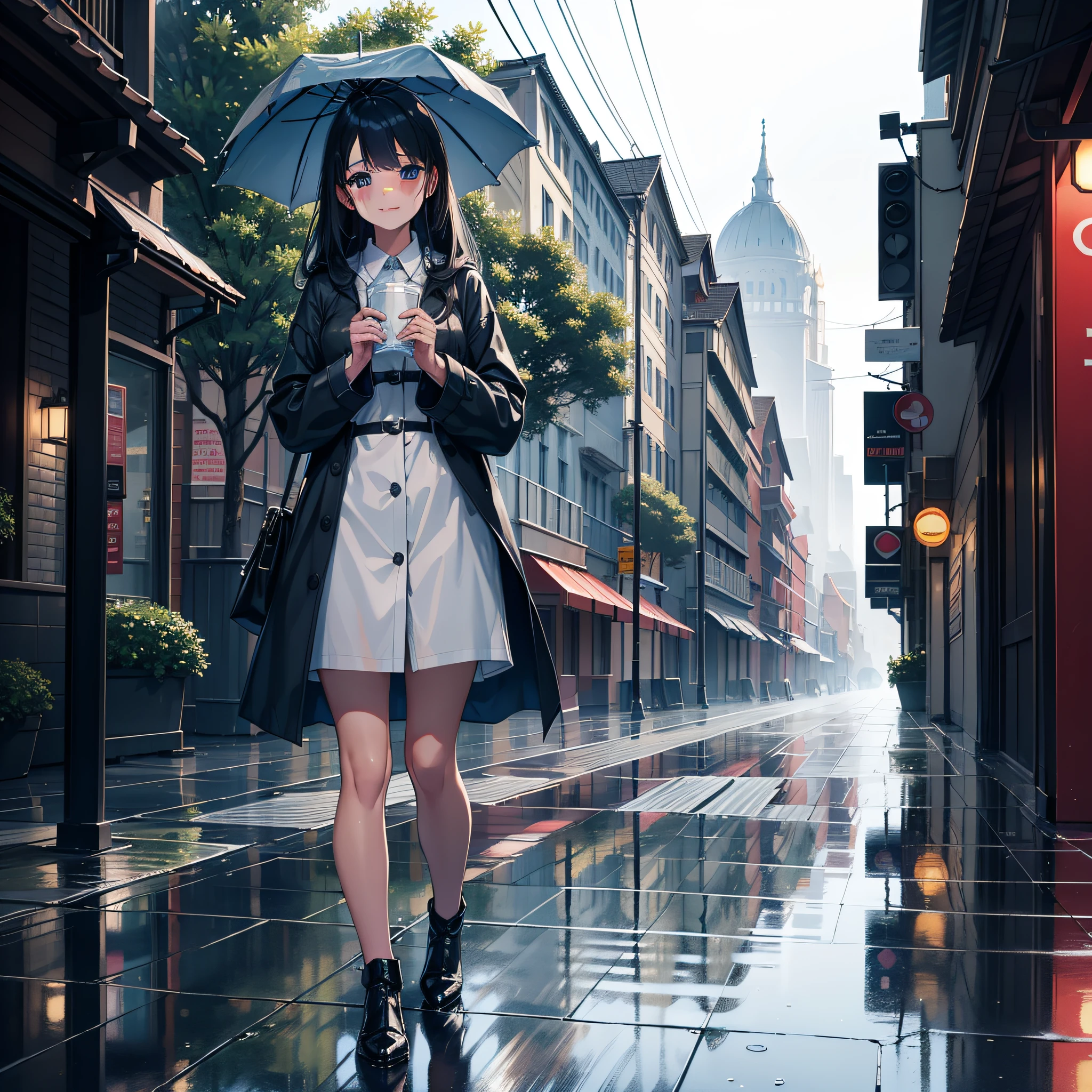 ((best quality)),((masterpiece)),(detailed),(realistic:0.8),ultra high res,Highly detailed,beautiful detailed eyes,1girl,standing,rain,blue raincoat,wet hair,smiling,feeling raindrops on face,blush on cheeks,long hair,buildings in background,trees,street,ambience of rainy day,depth of field,soft lighting,serene expression,peaceful atmosphere,water droplets on raincoat,puddles on ground,moisture in the air,gentle breeze,cityscape,urban setting,quiet streets,reflective surfaces,cool tones,