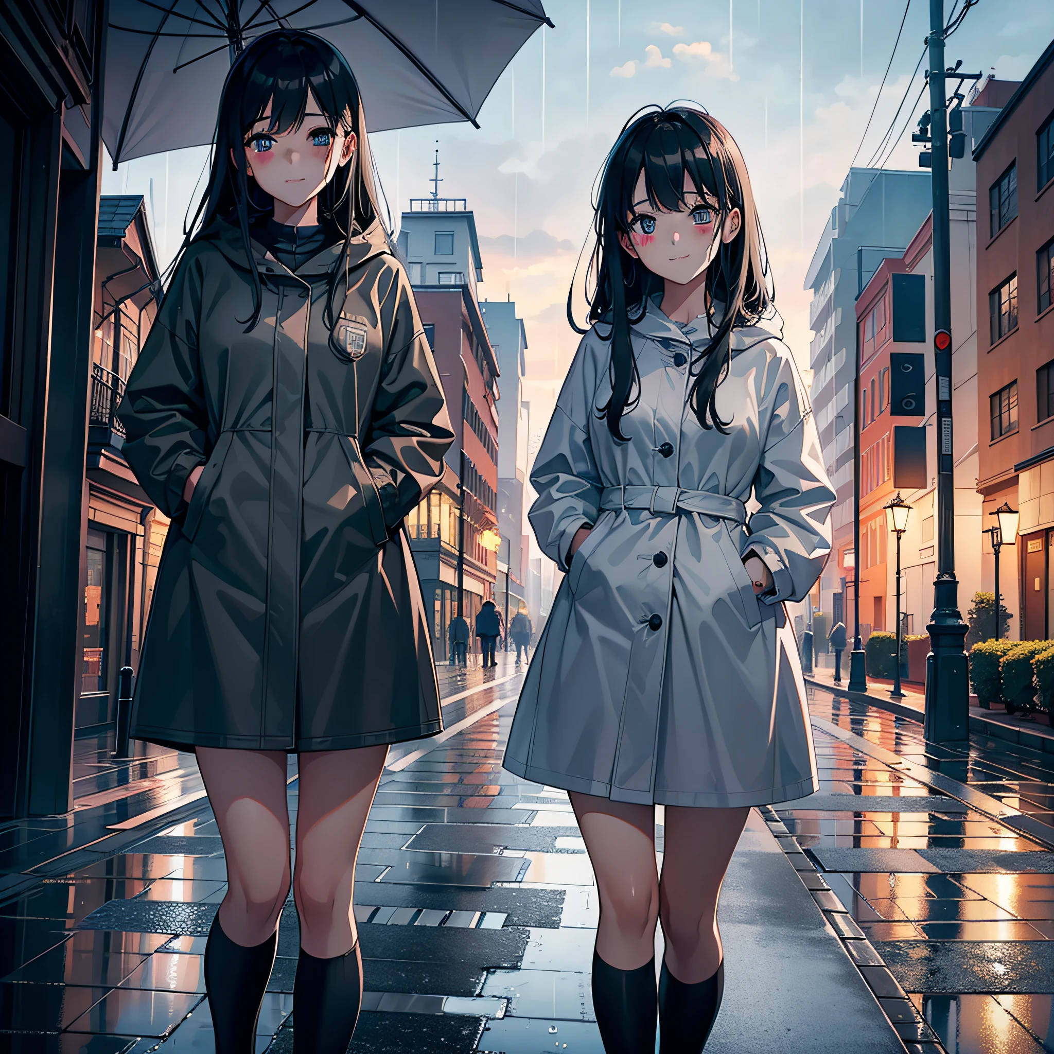 ((best quality)),((masterpiece)),(detailed),(realistic:0.8),ultra high res,Highly detailed,beautiful detailed eyes,1girl,standing,rain,blue raincoat,wet hair,smiling,feeling raindrops on face,blush on cheeks,long hair,buildings in background,trees,street,ambience of rainy day,depth of field,soft lighting,serene expression,peaceful atmosphere,water droplets on raincoat,puddles on ground,moisture in the air,gentle breeze,cityscape,urban setting,quiet streets,reflective surfaces,cool tones,